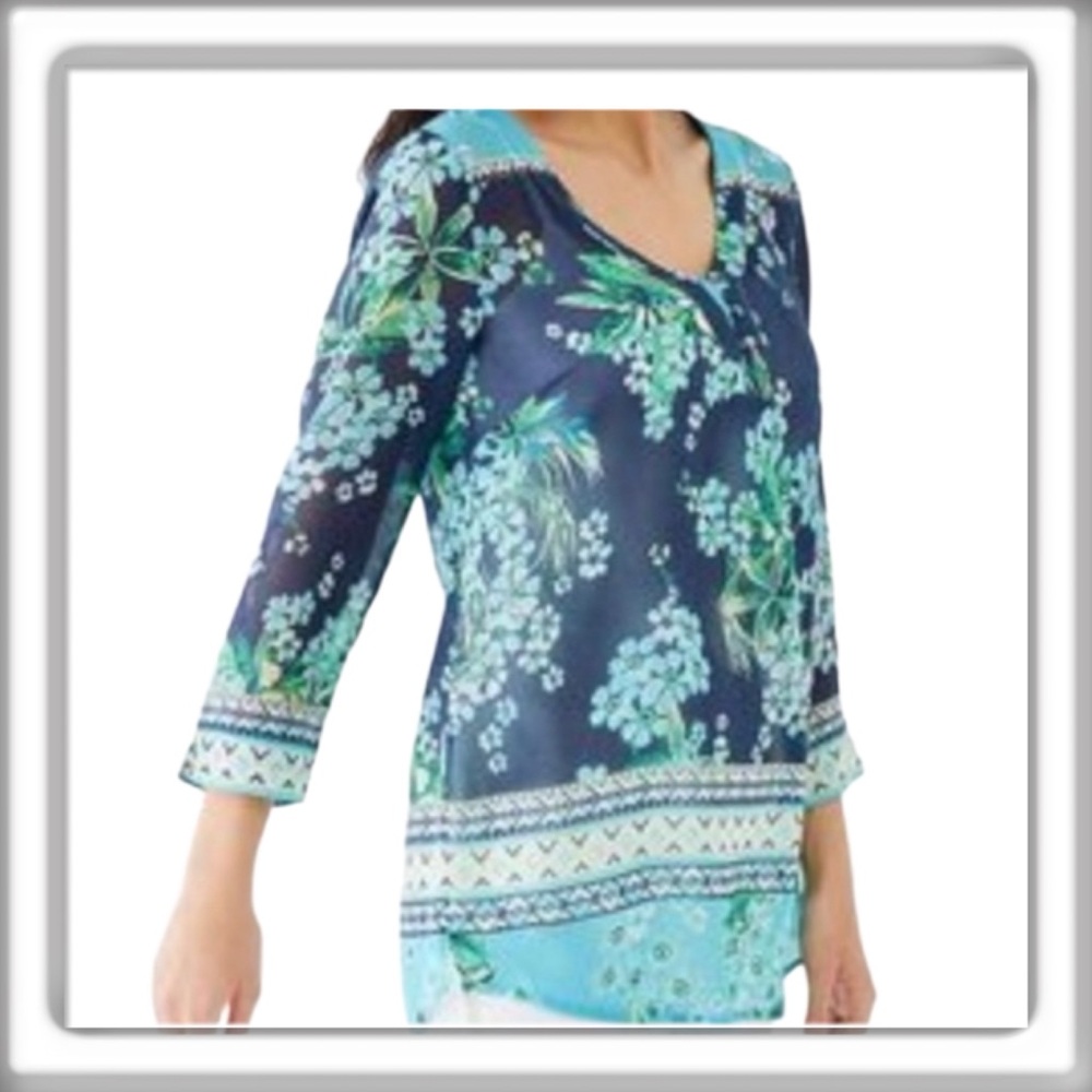 J. Jill Floral Tunic Top 3/4 Sleeves V-Neck Semi-Sheer Blue Blouse Size Small
